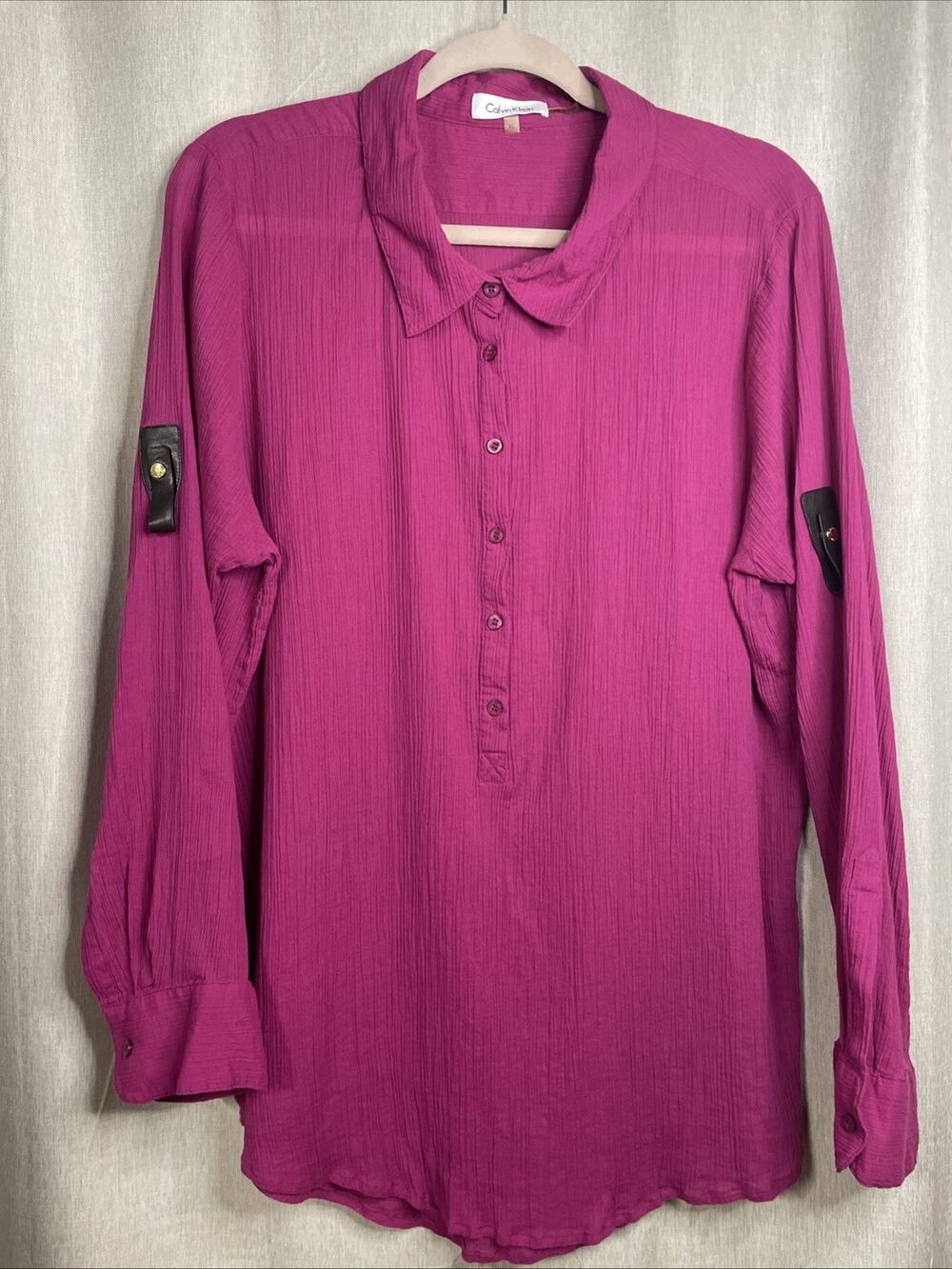 Calvin Klein Women’s Size XL - Long Sleeve Blouse Roll-tab Leather Accent - Pink